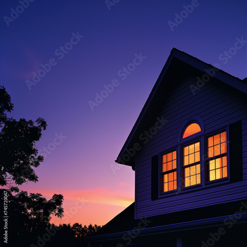 Warm Light from House Windows at Twilight: Cozy Home Silhouette Against a Tranquil Purple Sunset Sky © AIRina