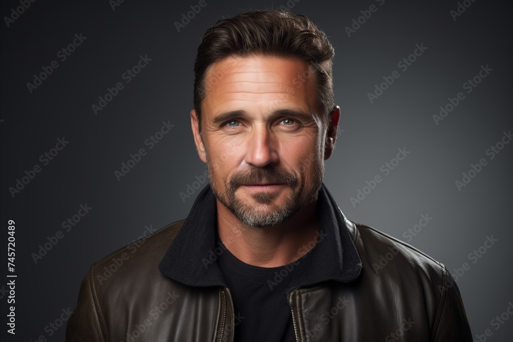 Portrait of a handsome man in leather jacket over dark background. Portrait of a handsome man in leather jacket over dark background.