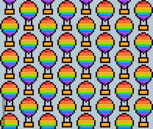 Seamless background with pixel hot air balloon.