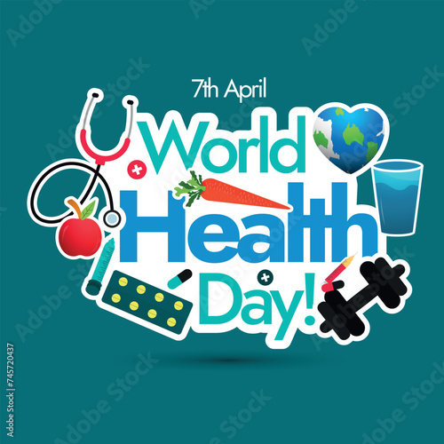 World Health Day. 7th April World health day celebration banner with cute icons for healthy life water glass, dumbbell, carrot, apple, stethoscope, earth globe in heart shape. Health day concept post.