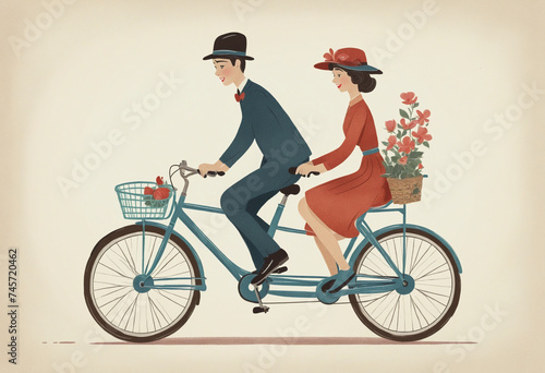 couple riding a tandem bicycle built for two vintage illustration isolated on a transparent background