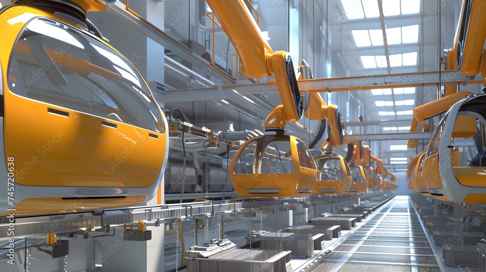 The 3D concept of an aerial car factory involves using automated robot ...