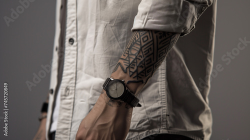 A close-up UHD image of a man's hand tattoo featuring a minimalist geometric design, rendered in precise linework and bold black ink, styled with modern accessories.