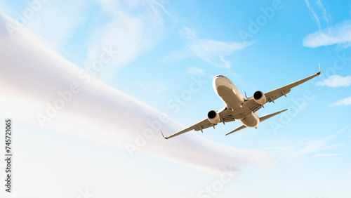 White passenger airplane flying in the sky amazing clouds in the background - Travel by air transport © muratart
