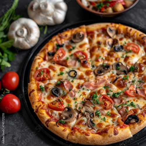 Pepperoni Pizza with Mozzarella cheese, salami, Fresh Basil. Italian pizza. Delicious fast food. Close-up. Copy space.