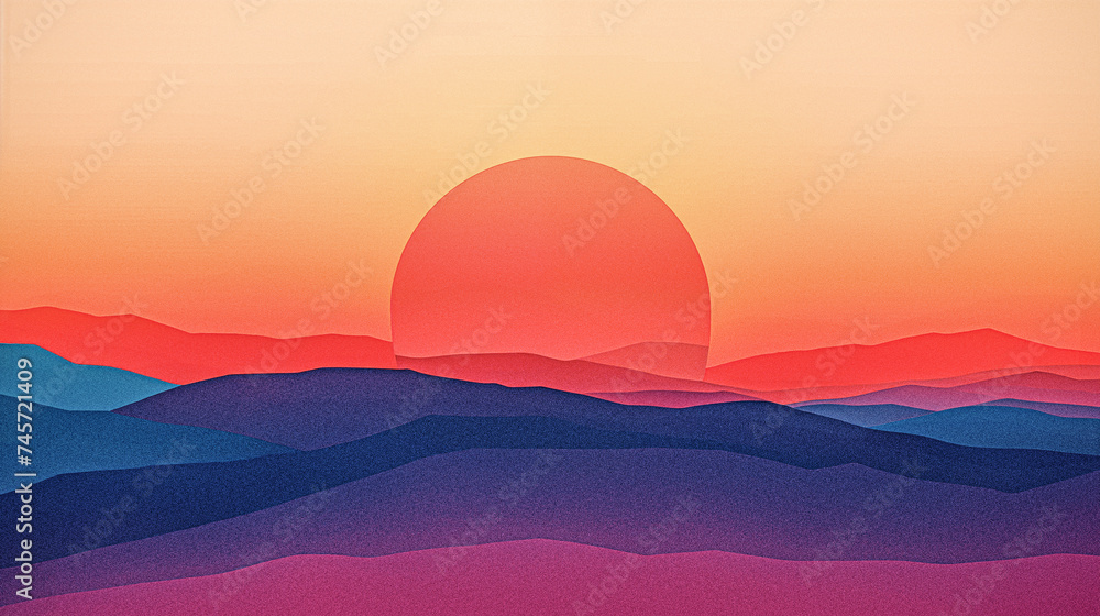 bright colorful landscape illustration, sunset over the mountains