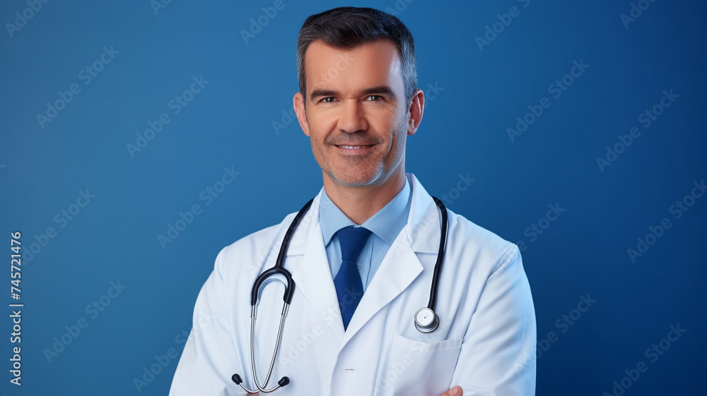 Fototapeta premium Portrait of confident medical doctor on blue background