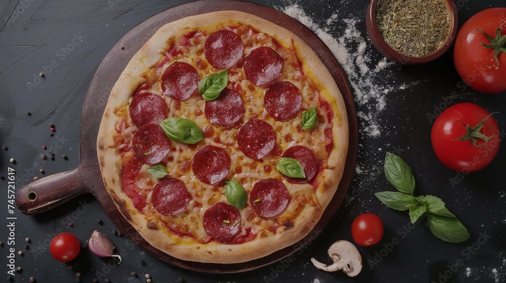 Pepperoni Pizza with Mozzarella cheese, salami,  Fresh Basil. Italian pizza. Delicious fast food. Close-up. Copy space.