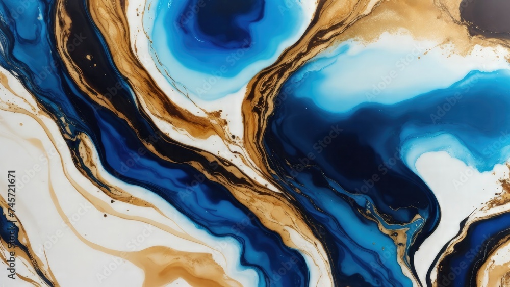 luxury Brown, Gold and Blue abstract fluid art painting in alcohol ink technique Background