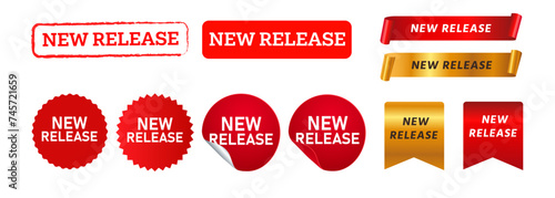new release stamp ribbon label sticker sign sale promotion advertisement product