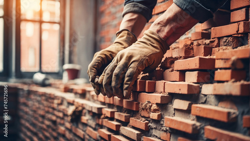 Closeup hands of bricklayer laying brick wall of house