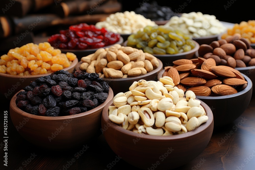 Dry fruits in tray on wooden table Generative AI Dry fruits in tray on wooden table Generative AI