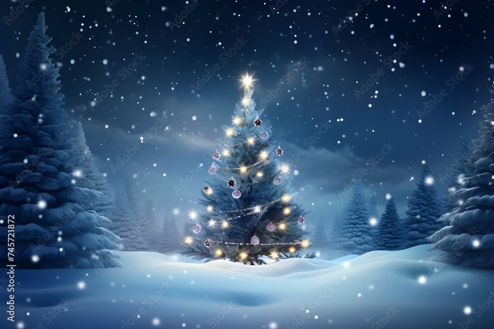 christmas tree with snow on sky dark background AI Generative 