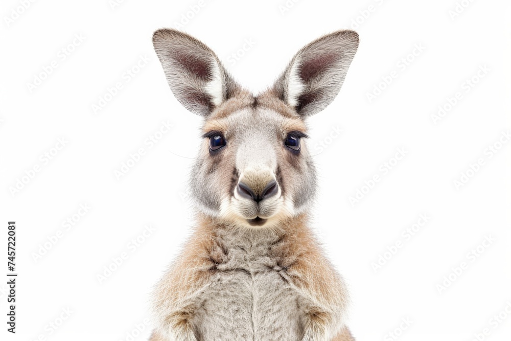 Majestic kangaroo standing gracefully in front of a plain white background, gazing into the camera