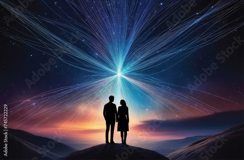 Silhouettes of two people against the background of the night sky with a glowing star. The concept of relationships, different views, feelings and faith. Psychology