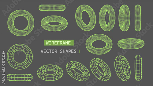 Abstract wireframe torus grid set. Geometric 3D polygonal shapes in brutalism style.