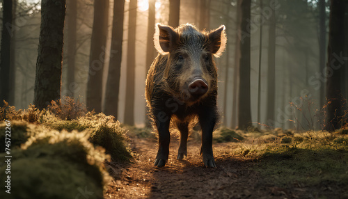 A large wild boar stands in a forest. The boar is looking directly at the camera