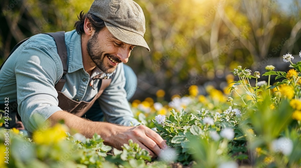 Gardener working in the garden, Spring gardening works Gardener working in the garden, Spring gardening works