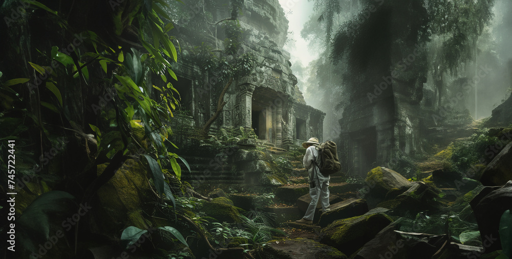the thrill of discovery with an image of a researcher uncovering ancient ruins hidden deep within the jungle, hinting at a lost civilization realistic High-resolution - obrazy, fototapety, plakaty 