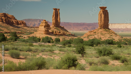 The tall sandstone towers  are surrounded by  a lush green landscape 