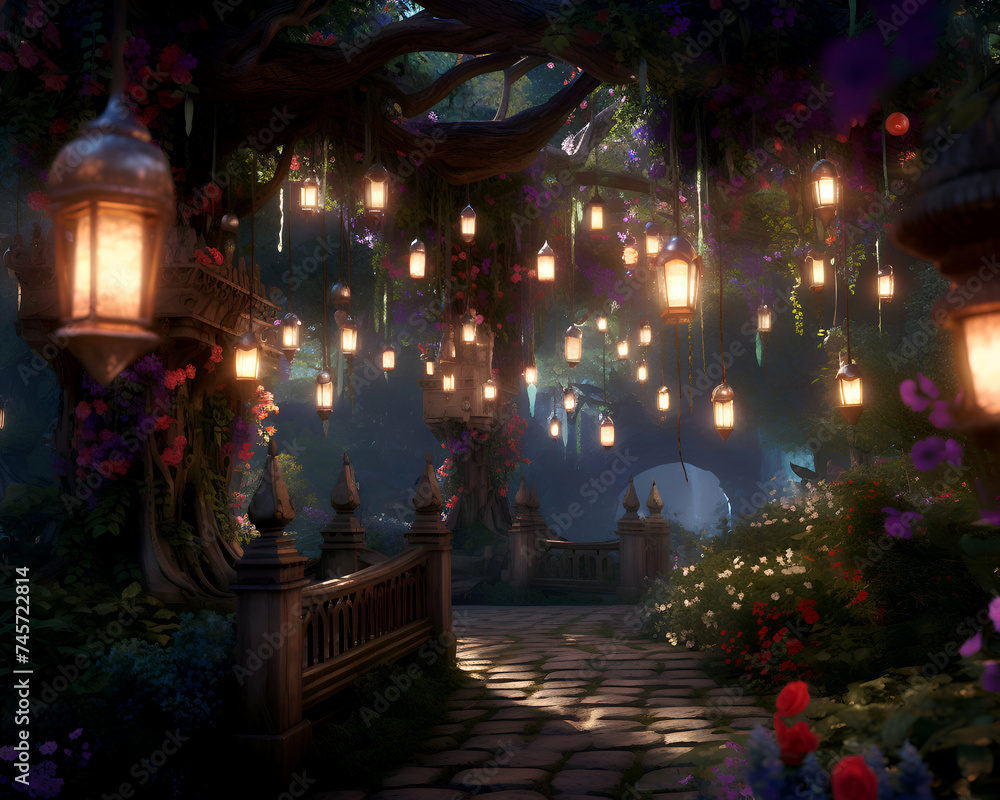 Fantasy garden with lanterns at night.  3d  illustration.
