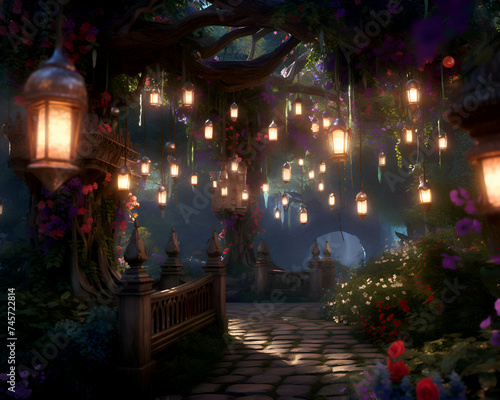Fantasy garden with lanterns at night. 3d illustration.