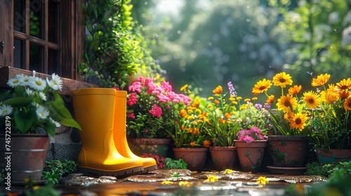 Spring gardening works, colorful flowers in pots and equipment