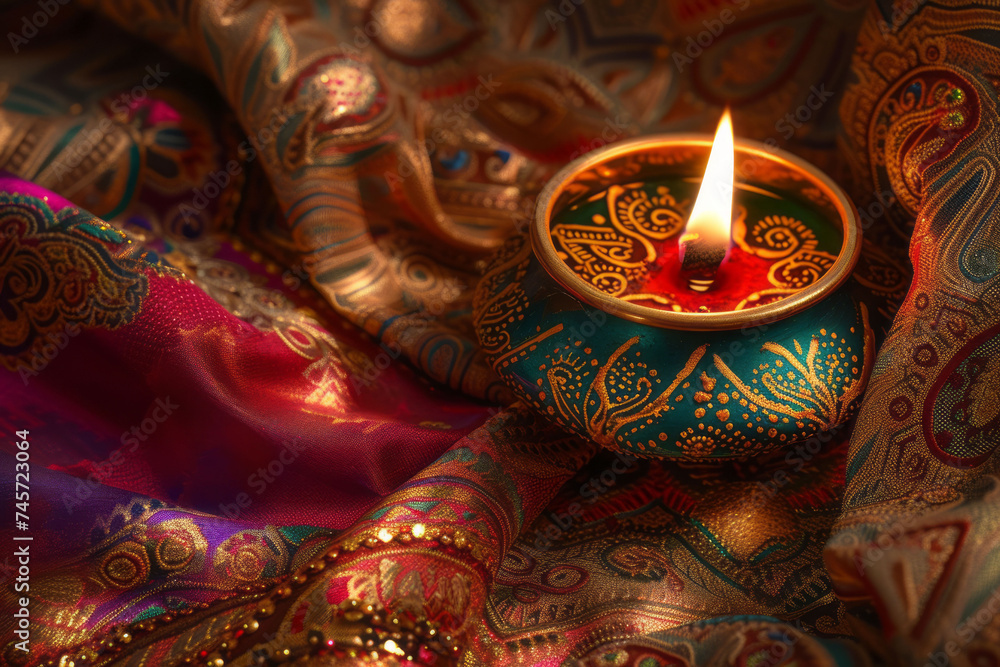 An artistic representation of a diya lamp with ornate henna designs, situated amidst traditional Indian fabrics and sparkling gold decor, symbolizing