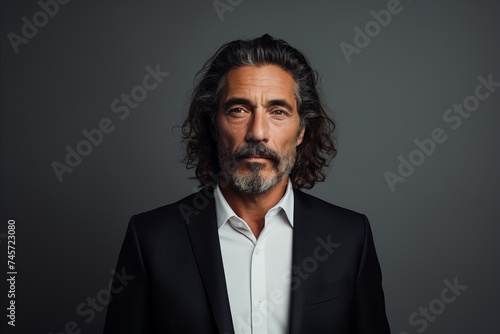 Portrait of a handsome mature man with long hair and beard in a black suit.