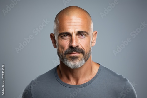 Handsome middle age man with beard and mustache over grey background.