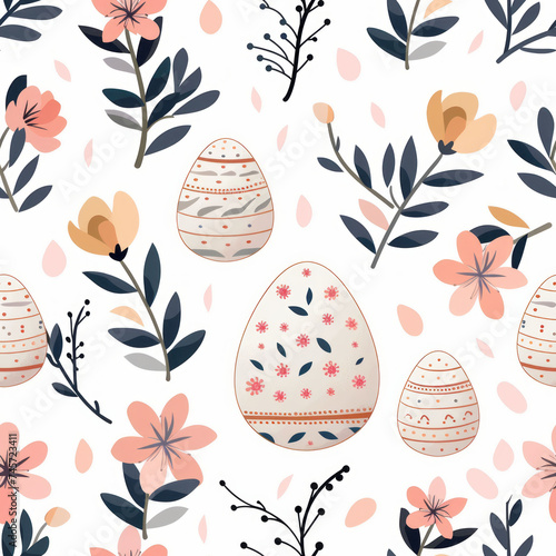 A serene Easter pattern with understated elegance  featuring delicate pastel flowers and intricately adorned eggs on a crisp white backdrop. Employ negative space  tranquil atmosphere.