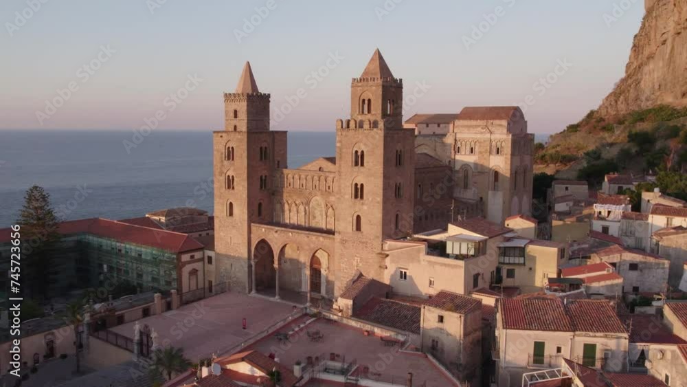 Aerial view of Cefalu medieval city during summer at sunset, Sicily, Italy Aerial view of Cefalu medieval city during summer at sunset, Sicily, Italy