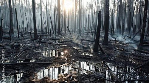 burnt forest after a forest fire, black charred trees, consequences of a forest fire