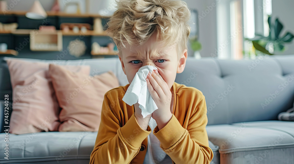 sad sick little boy blowing his nose into a handkerchief on the sofa at home sad sick little boy blowing his nose into a handkerchief on the sofa at home