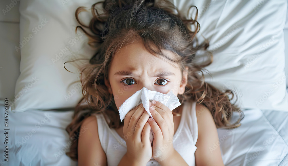 sad sick little girl child blowing nose into handkerchief while lying in bed sad sick little girl child blowing nose into handkerchief while lying in bed