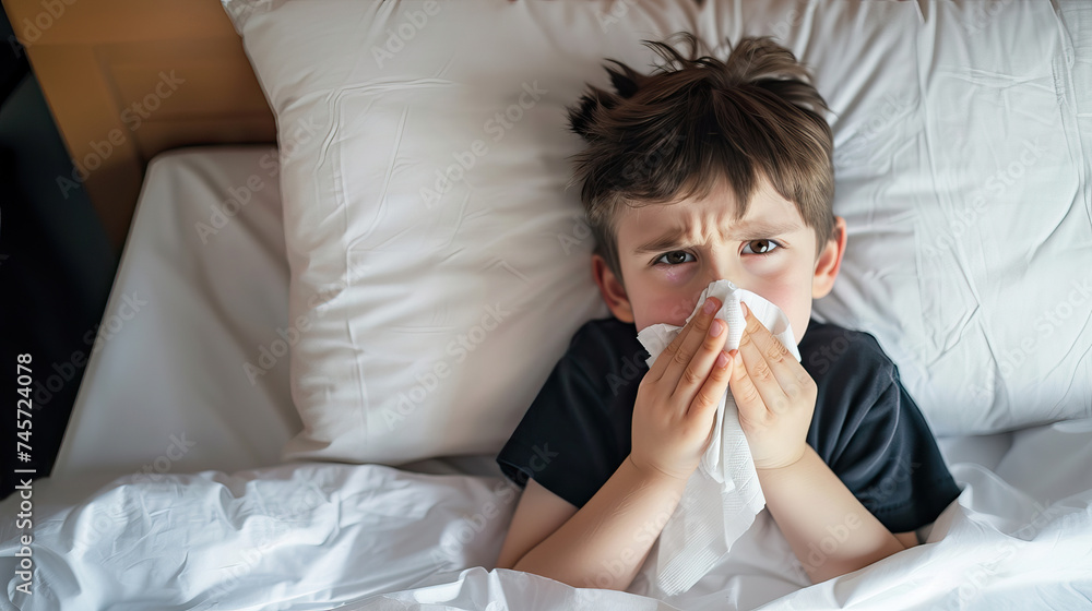 sad sick little boy child blowing his nose into a handkerchief while lying in bed, copy space sad sick little boy child blowing his nose into a handkerchief while lying in bed, copy space