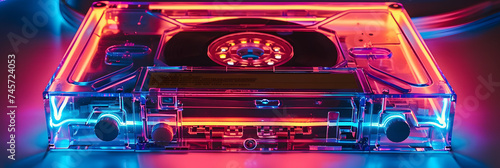 Neon cassette. Nostalgia of the 90s. Audio cassette for listening to music.
