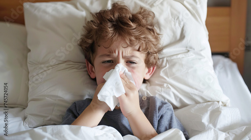 sad sick little boy blowing his nose into a handkerchief while lying in bed