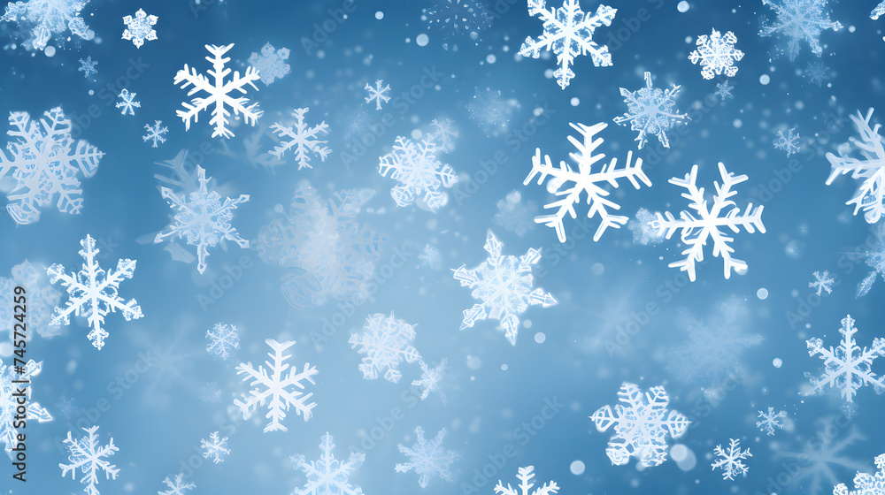Christmas background of snowflakes of different shapes sizes and transparency in light blue colors,
Blurred Winter Background with Snowflakes 

