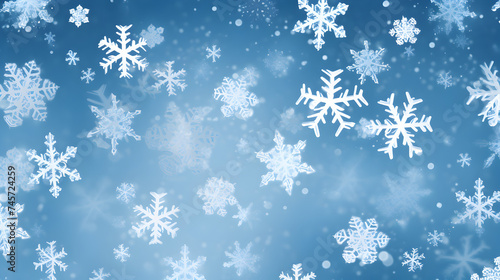 Christmas background of snowflakes of different shapes sizes and transparency in light blue colors, Blurred Winter Background with Snowflakes