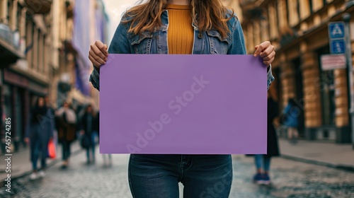 View of woman holding blank purple placard for womens day celebration