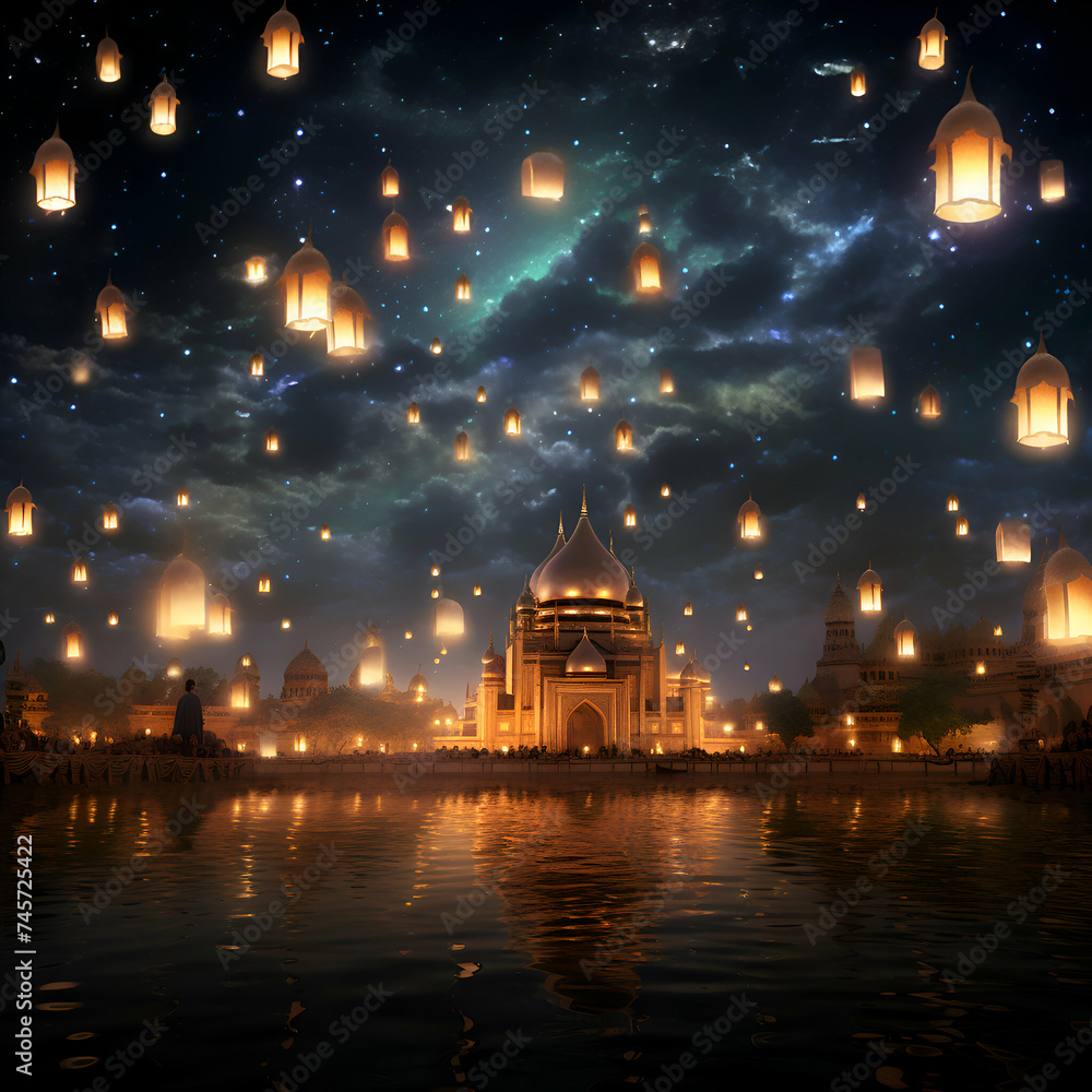 Floating lanterns in the night sky.  3d  illustration.