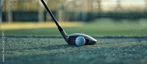 Close up a golf ball behind driver at driving range golf course grass. Generated AI image photo