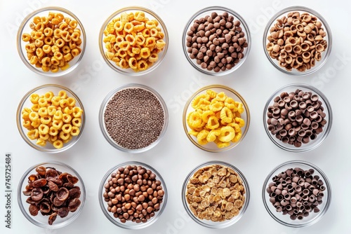 A top view of many cereal varieties in bowls. Generative Ai.