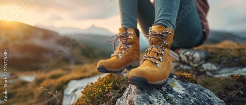 View from mountains - Hiking hiker traveler landscape adventure nature sport background panorama - Close up of feet with hiking shoes from a young woman sitting resting on top of a high hill or rock
