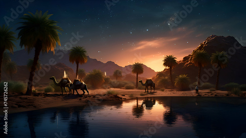 Camel caravan in desert at night.  3d  render illustration. photo