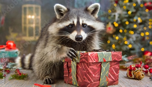 Generated image of cute raccoon opening a present 