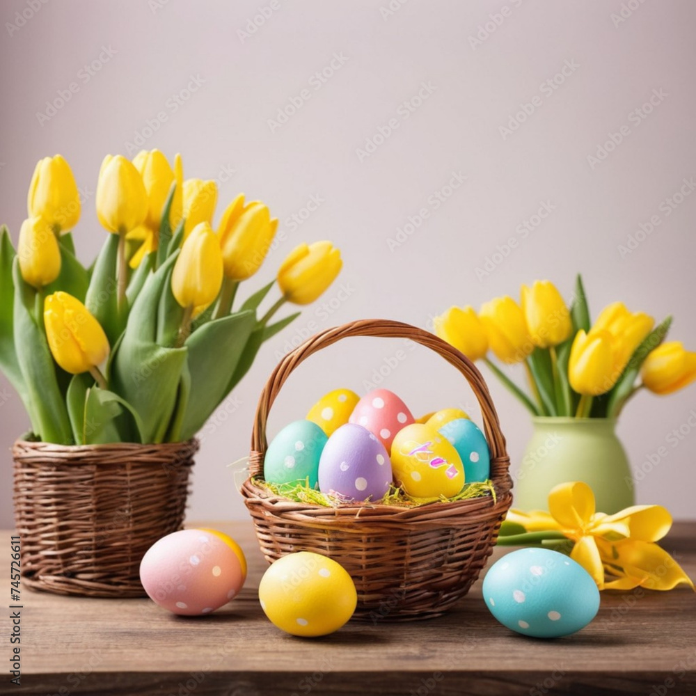 photo of a easter eggs in basket with flowers