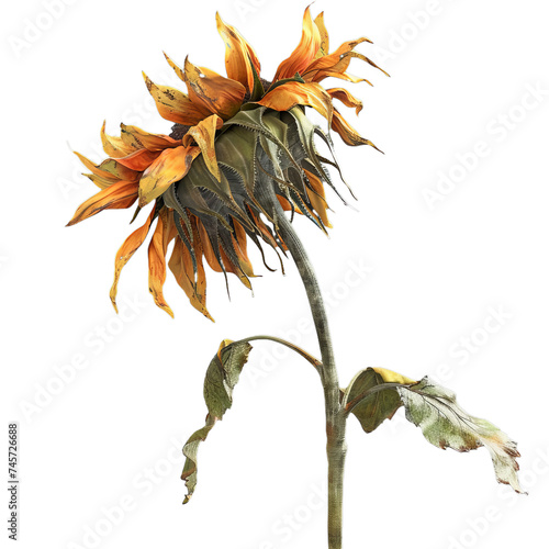 wilting sunflower with drooping petals isolated on transparent background, png photo