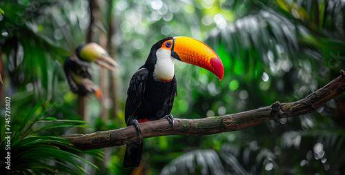 Design an image of a colorful toucan perched on a tree branch in the jungle, its vibrant plumage contrasting against the lush green backdrop realistic High-resolution photograph clean sharp focus